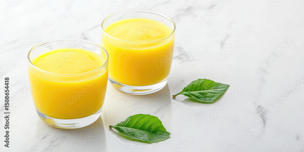 Fototapeta premium Two glasses of bright yellow smoothie are placed on a marble surface with green leaves nearby. Refreshing tropical beverage concept