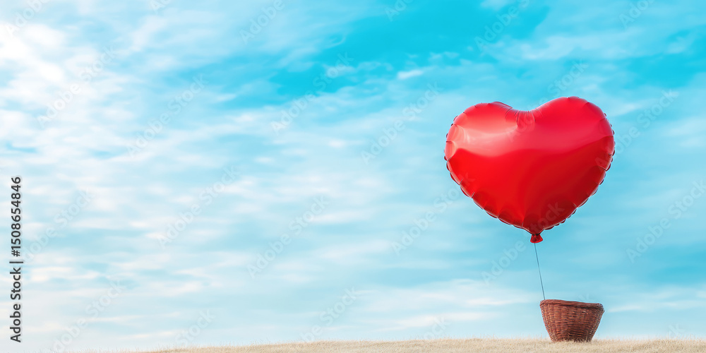 Fototapeta premium A large red heart-shaped balloon is tethered to a basket, floating in an open area with a blue sky. Romantic and whimsical outdoor scene