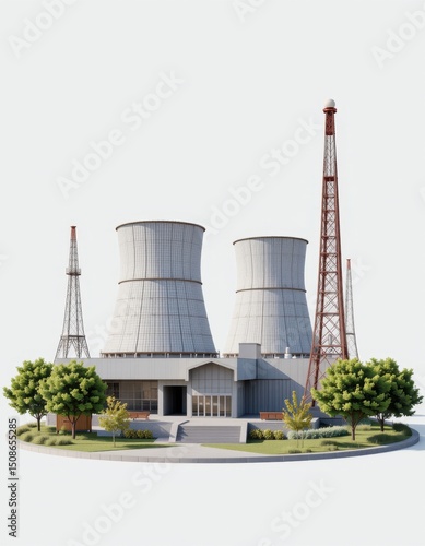 a 3d render of nuclear power, positioned left, isolated white background