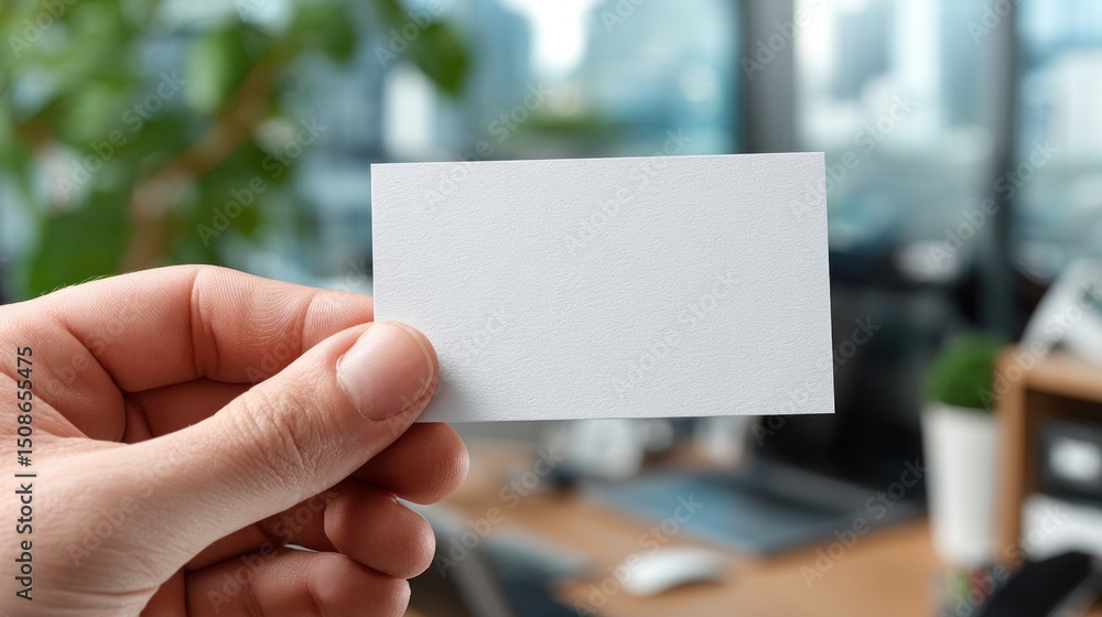 Hand holds a blank white card in an office setting with blurred background. Hand holds a blank white card in an office setting with blurred background.