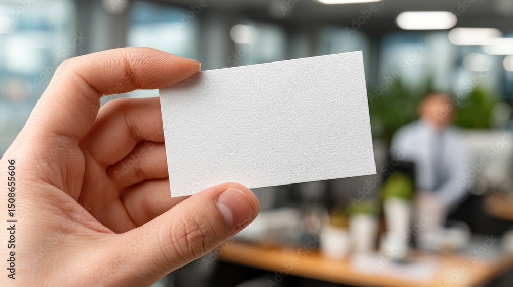 Hand holding blank white card in office setting with blurred background. Hand holding blank white card in office setting with blurred background.