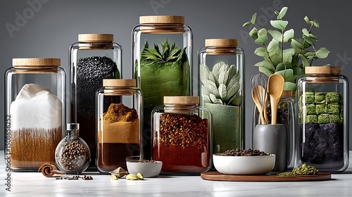 Fototapeta Naklejka Na Ścianę i Meble -  High-end spice presentation featuring colorful powders and textured herbal ingredients high resolution photo