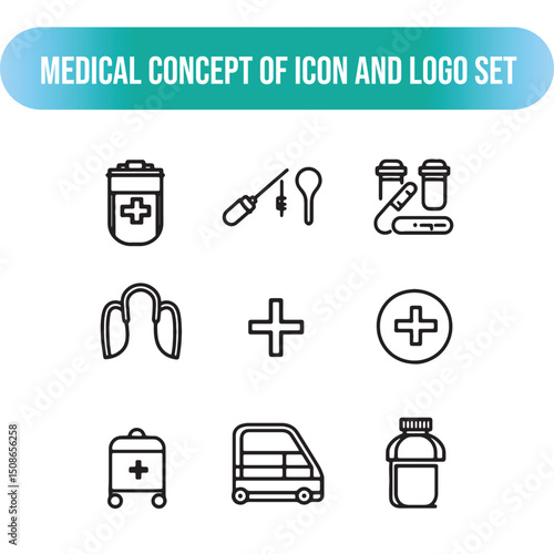 Black and white solid medical icons featuring a stethoscope, syringe, hospital, cross symbol, pill, ambulance, heart rate, thermometer, and first aid kit. Clean, simple design 