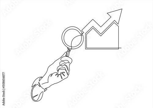 Hand holding a magnifying glass. Financial analysis.  Vector minimalist linear illustration. Editable stroke.