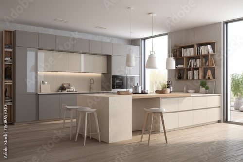 Modern kitchen with light beige cabinets and grey accents.