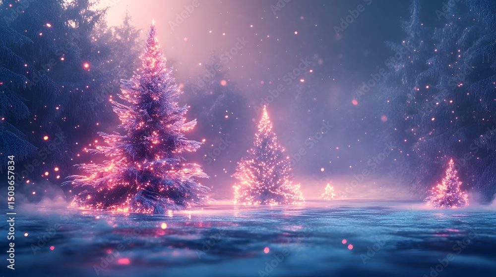Naklejka premium Enchanting Winter Wonderland Landscape with Glowing Christmas Trees and Sparkling Snow