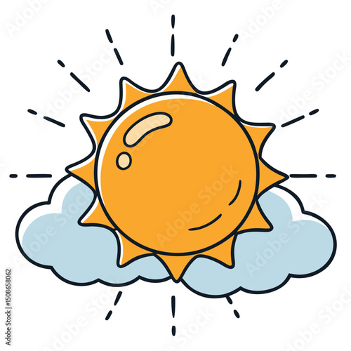 Sun partially covered by stylized cloud emitting rays