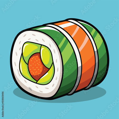 Sushi roll cut in half showing salmon and avocado fillings