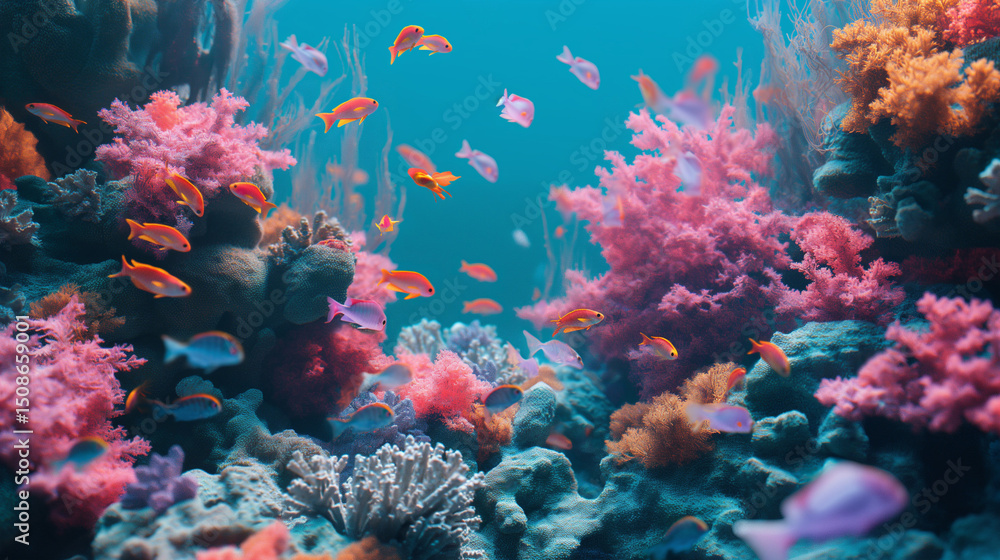 Fototapeta premium Coral reef in blue sea, teeming with colorful fish and swaying seaweed under the warm sunlight.