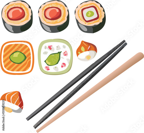 Top view assorted sushi with chopsticks including rolls