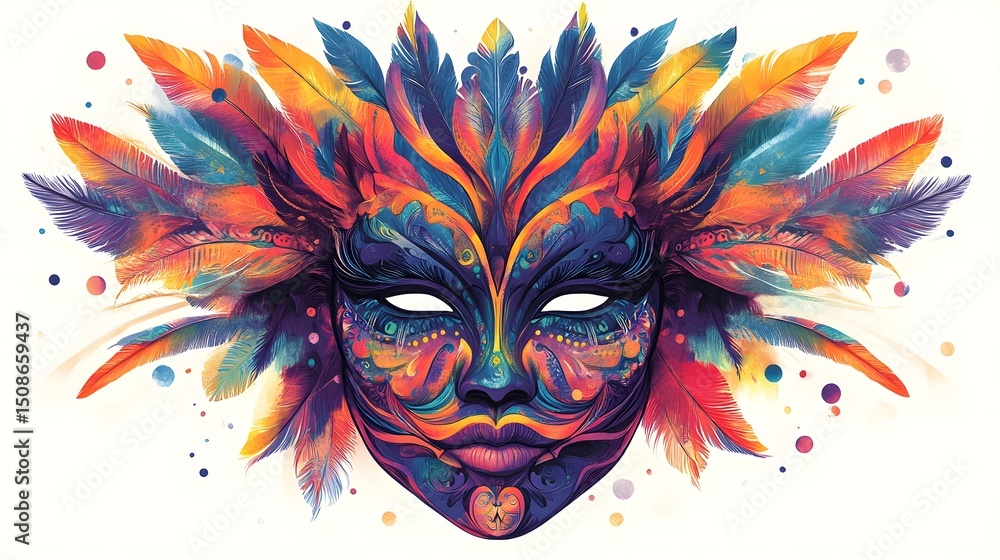 Vibrant Tribal Mask with Colorful Feathers and Abstract Pattern Vibrant Tribal Mask with Colorful Feathers and Abstract Pattern