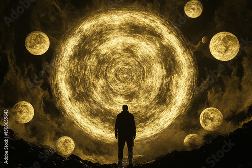 Silhouette of a cosmic entity surrounded by floating planets