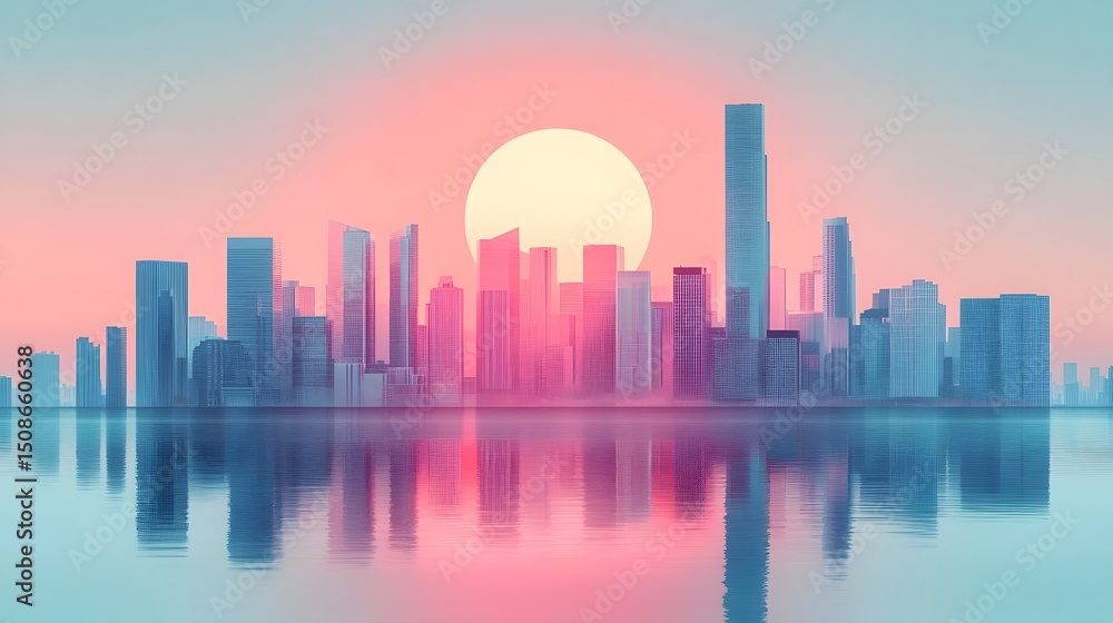 Fototapeta premium Stunning Futuristic Cityscape Skyline Reflection at Dusk with Vibrant Pink and Blue Hues