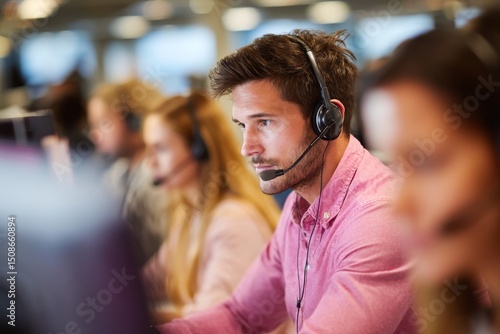 An office call centre team employs a man with Down syndrome who wears a headset