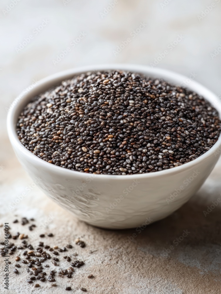White bowl filled with dark chia seeds on a textured neutral surface. White bowl filled with dark chia seeds on a textured neutral surface.