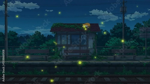 Lofi Anime Station Loop – Dusk at Overgrown Rural Train Stop with Sleeping Cat and Fireflies