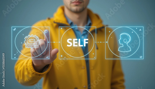 Person using virtual touch screen push word SELF. Study, learn and explore self. Find yourself. Self awareness concept. Aware of different aspect of self.