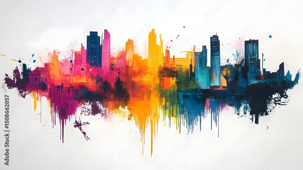 Obraz premium Vibrant Cityscape Abstract Painting with Colorful Splashes and Drippings