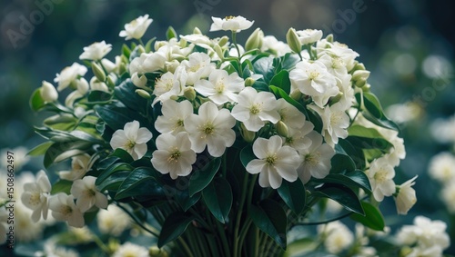 A bunch of white flowers with green leaves photo