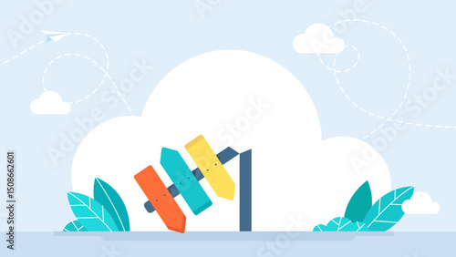 The direction indicator is broken. There are no landmarks. The red, green, yellow arrows are cut off. Wooden signposts isolated on white background. Vector illustration
