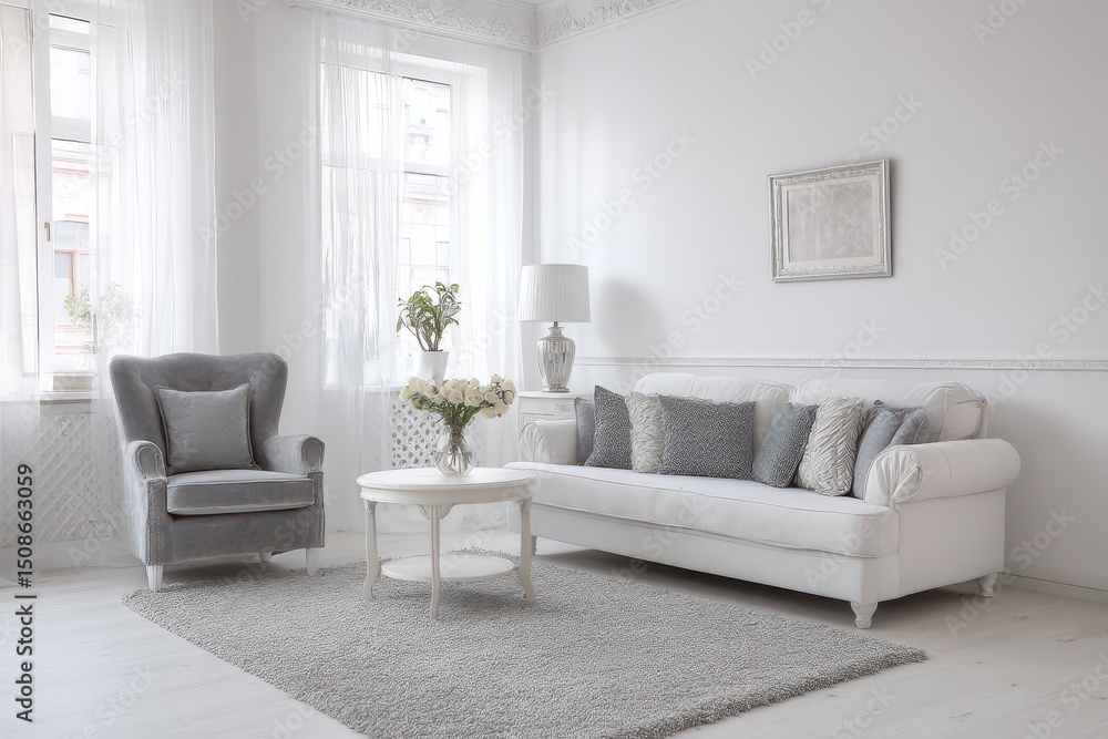 A light and airy living room with a grey armchair and white sofa. A light and airy living room with a grey armchair and white sofa.