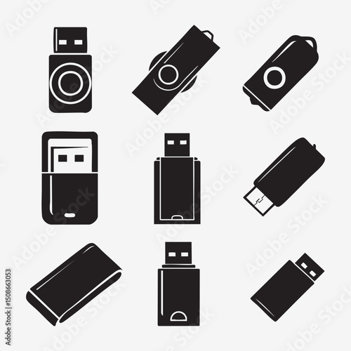 usb flash drive silhouettes collection in black on white background