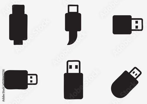 usb flash drive silhouettes collection in black on white background
