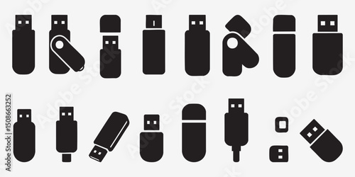 usb flash drive silhouettes collection in black on white background