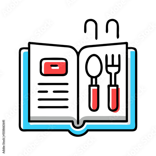 Cookbook with utensils, symbol of recipe or cooking.