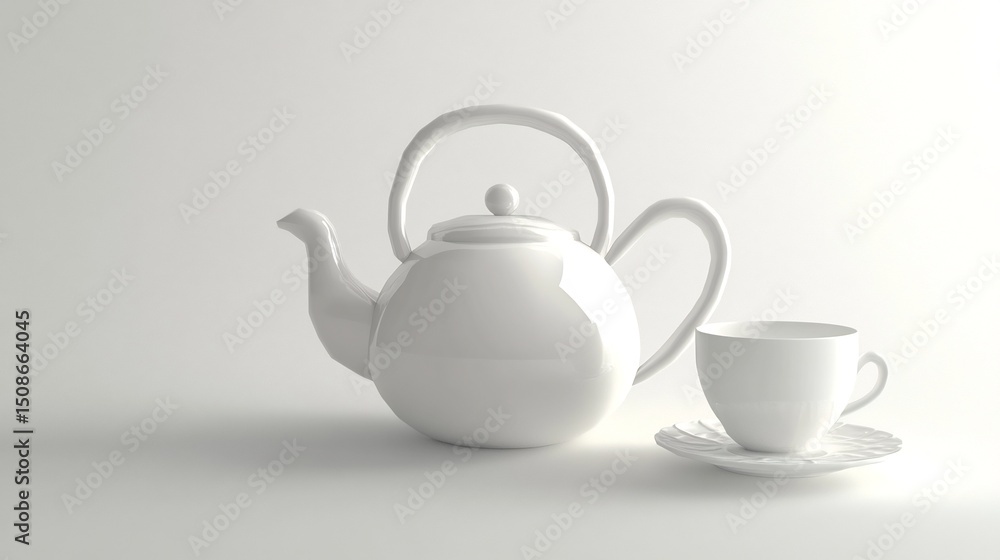 Elegant Ceramic Teapot and Cup Set on Monochrome Background Elegant Ceramic Teapot and Cup Set on Monochrome Background