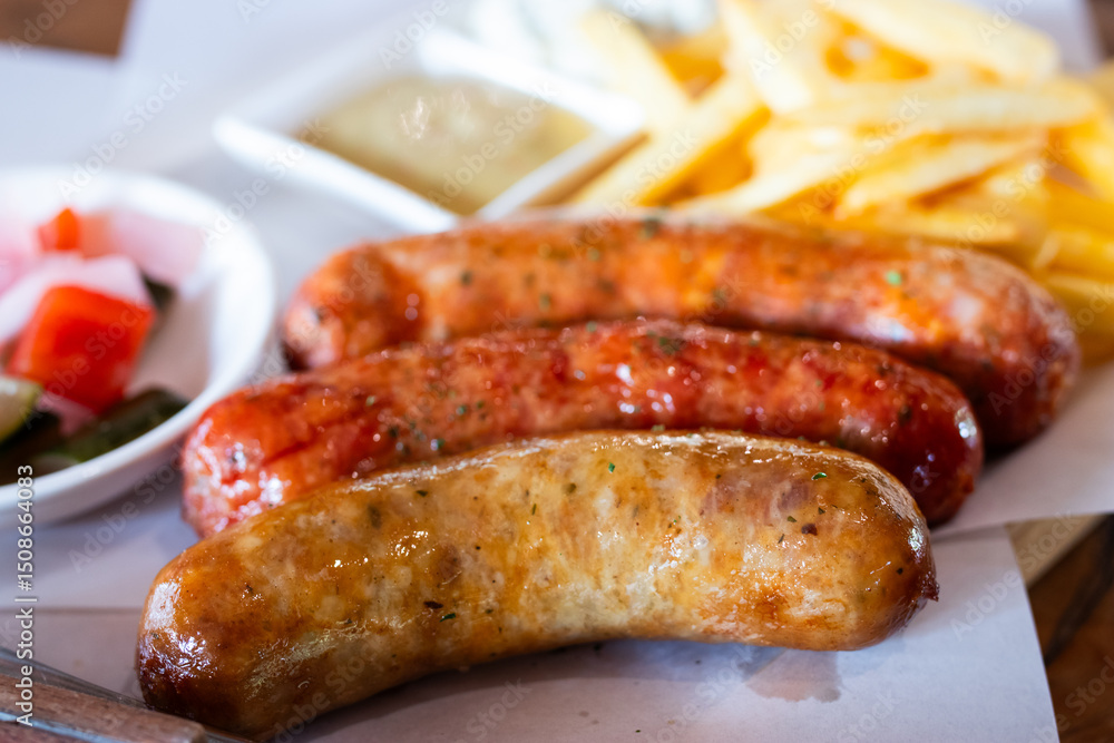 Close-up of grilled sausages served with crispy French fries, mustard sauce, and pickled vegetables. Juicy and flavorful meal perfect for food advertising, menu design, and restaurant promotions. Close-up of grilled sausages served with crispy French fries, mustard sauce, and pickled vegetables. Juicy and flavorful meal perfect for food advertising, menu design, and restaurant promotions.