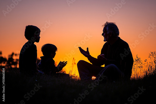 Silhouette of a grandfather telling a story to his grandchildren