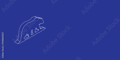 The outline of a large wild bear symbol made of white lines on the left. 3D view of the object in perspective. Vector illustration on indigo background