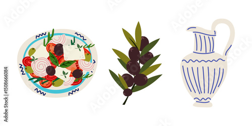 Traditional food and symbols of Greece. Hand drawn vector travel and food illustration in trendy bohemian style. Cartoon retro stickers of vintage greek vase, olive branch and greek salad