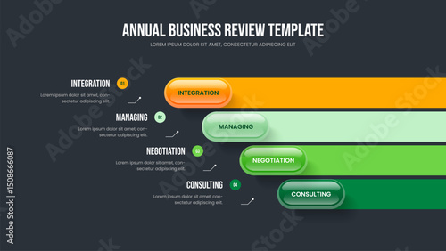 Advertising Showcase Four Element Infographic Presentation Template. Consulting Report Slideshow Design Vector Illustration. Project Portfolio 4 Step Diagram Frame Layout.