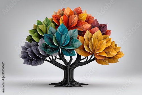 Artistic tree design featuring colorful gradient leaves and bold black branches high resolution photo