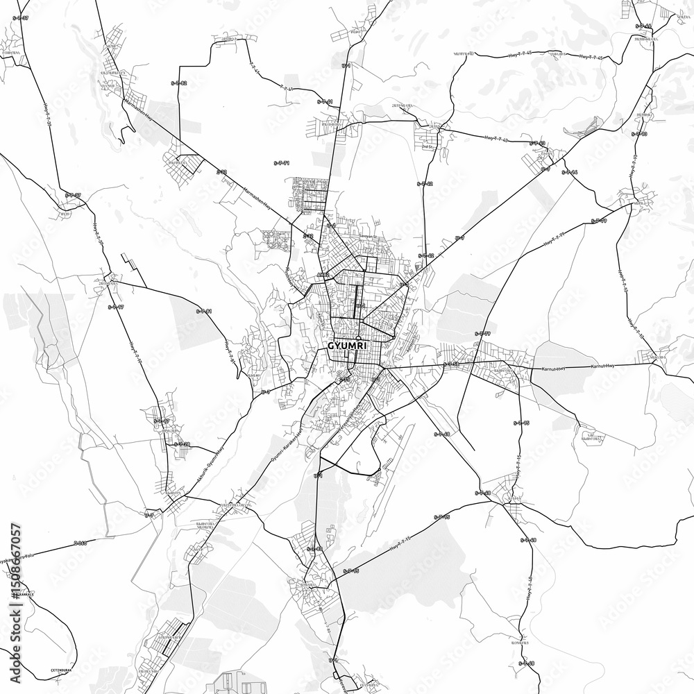 Fototapeta premium Gyumri Area Map with Labels and Neighborhoods - One color, minimalistic design