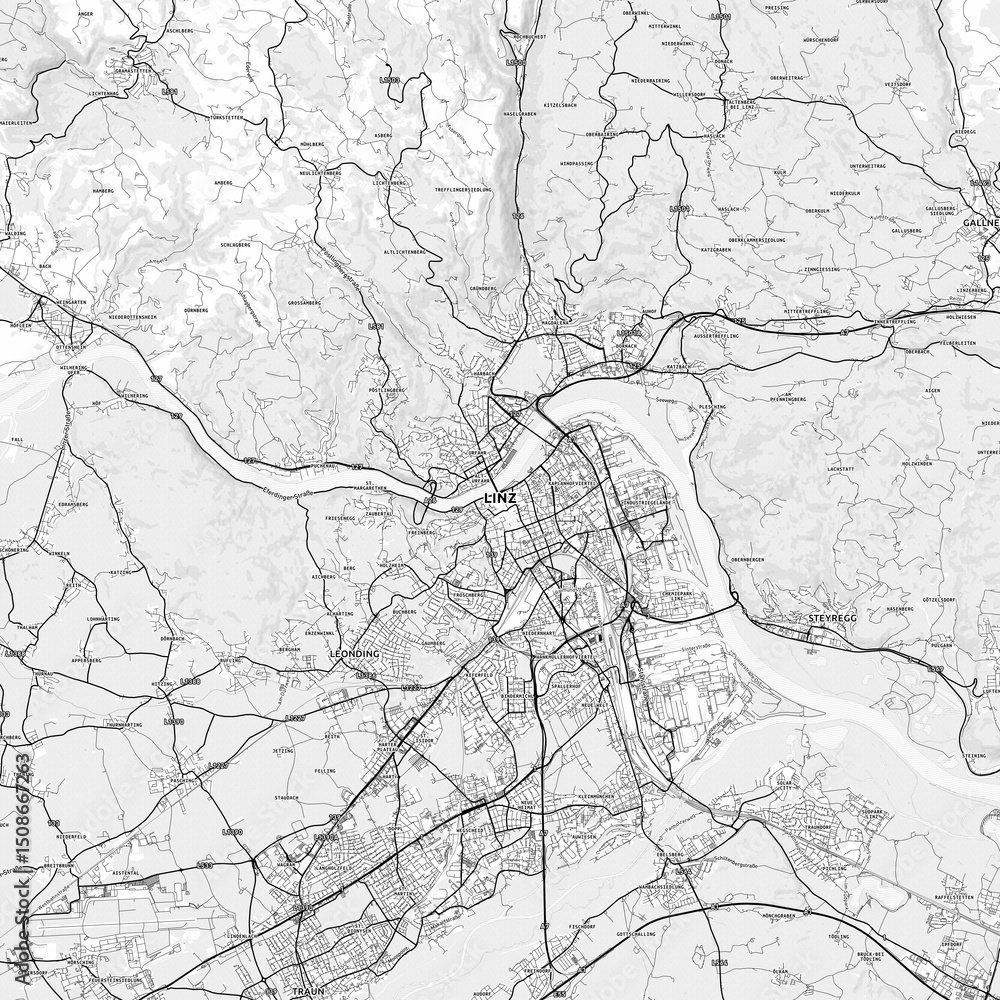 Naklejka premium Linz Area Map with Labels and Neighborhoods - One color, minimalistic design