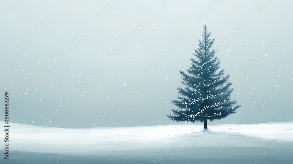 Serene Snowy Landscape with Solitary Pine Tree in Peaceful Winter Scene Serene Snowy Landscape with Solitary Pine Tree in Peaceful Winter Scene