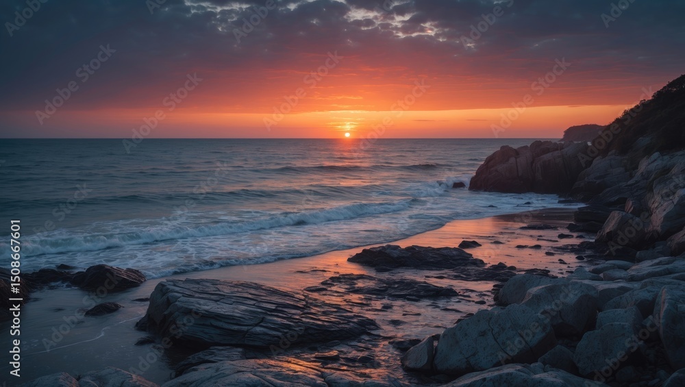 Obraz premium Dramatic sunset over rocky beach with empty space for text