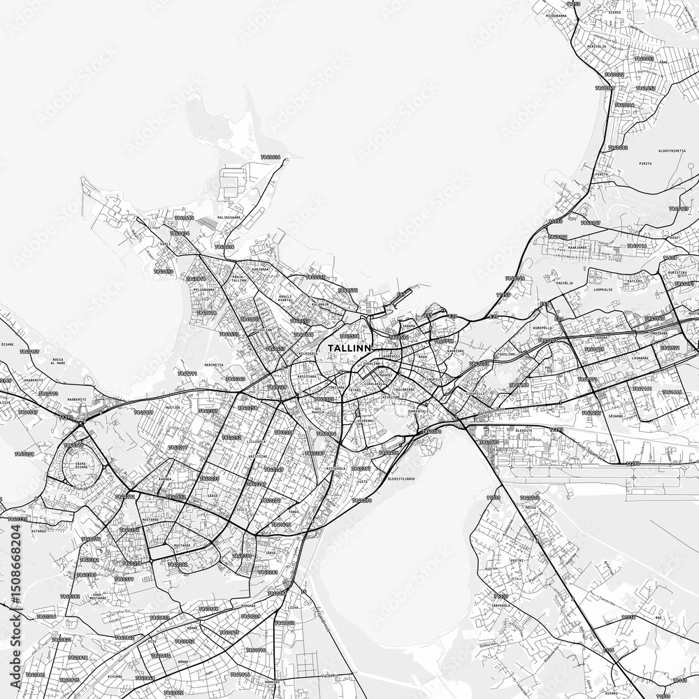 Fototapeta premium Tallinn Area Map with Labels and Neighborhoods - One color, minimalistic design
