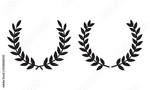  Laurel Wreath Vector Icon Set, Circular foliate laurels branches. Laurel wreath silhouette. Trophy crest. Greek olive branch award, winner round emblem
