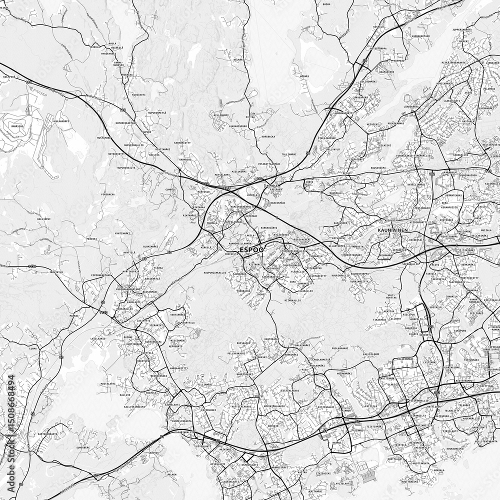 Fototapeta premium Espoo Area Map with Labels and Neighborhoods - One color, minimalistic design