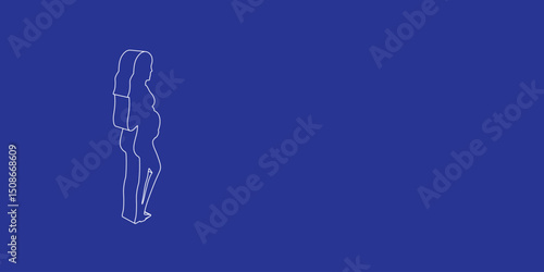 The outline of a large pregnant woman symbol made of white lines on the left. 3D view of the object in perspective. Vector illustration on indigo background