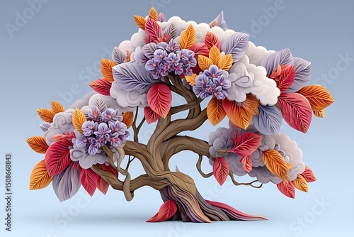 Decorative fantasy tree artwork featuring bold foliage in purple blue pink and orange tones high resolution picture