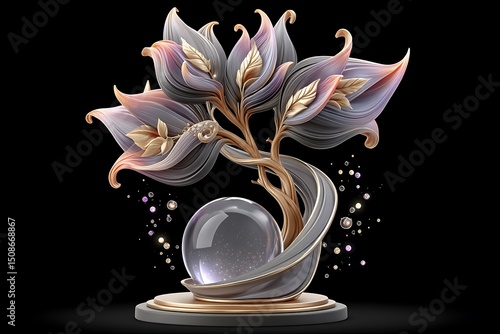 Decorative glowing tree with golden trunk and mystical surrounding waves high resolution photo