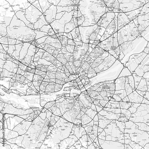 Nantes Area Map with Labels and Neighborhoods - One color, minimalistic design
