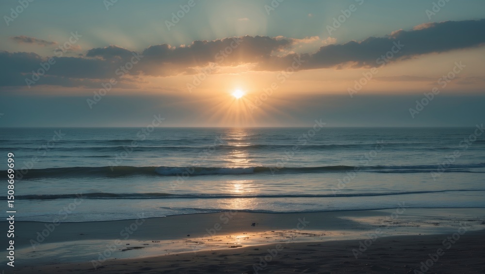 Obraz premium Sunshine Over The Beach With Sea In The Background, Featuring Empty Copy Space For Text