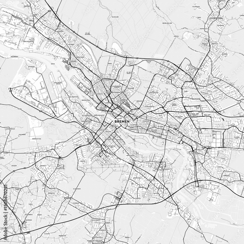 Naklejka premium Bremen Area Map with Labels and Neighborhoods - One color, minimalistic design