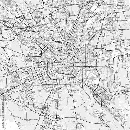 Milan Area Map with Labels and Neighborhoods - One color, minimalistic design